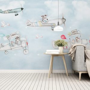 Cartoon Aircraft Sky Landscape Kids Wallpaper