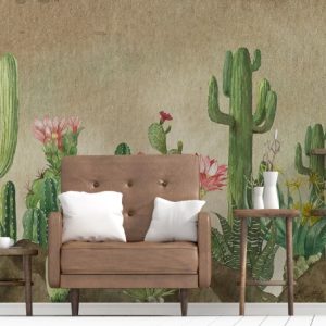 Pink Flowers Floral Background Green Desert Cactuses Plants Removable Wallpaper