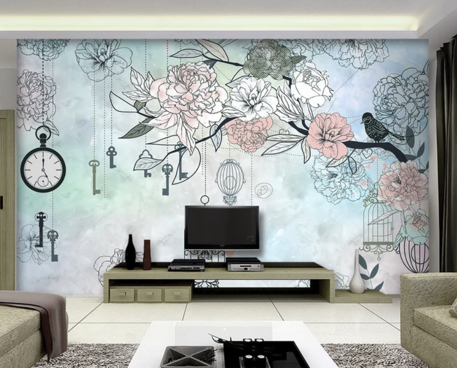 Flowers Keys Cages Birds Wallpaper 2 Flowers Keys Cages Birds Wallpaper