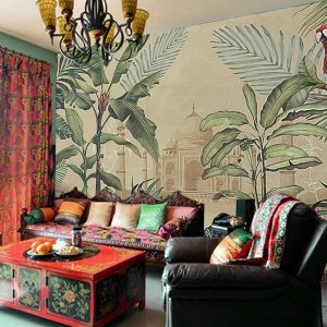 Taj Mahal Tropical Vintage Leaves Parrot Wallpaper