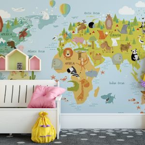 Colorful World Map Animals Wall Paper
