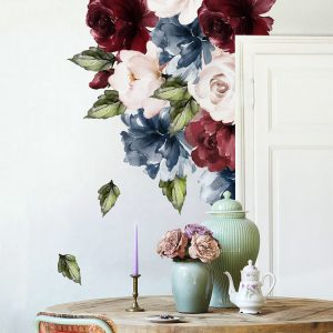 Dark Blue Peony Red and Pink Rose Floral Wall Decal