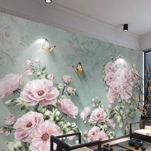3D Pastel Pink Flower Yellow Little Butterfly Rustic Wallpaper