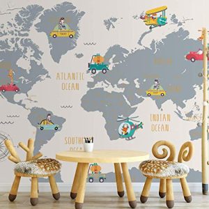 World Map and Cartoon Animals Textile Wall Paper