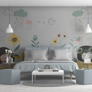 Hand Drawn Flowers Hearts Birds Removable Wallpaper