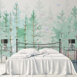 Green Watercolor Trees and Butterflies Removable Wallpaper