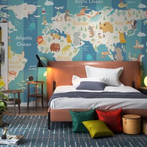 Colorful World Map Cute Animals Removable Wallpaper