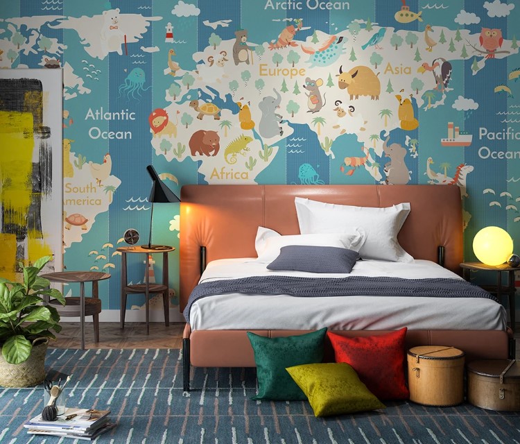 Colorful World Map Cute Animals Removable Wallpaper 1 Colorful World Map Cute Animals Removable Wallpaper