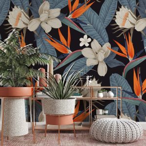 Botanical Flowers With Dark Background Modern Leaves Floral Removable Wallpaper