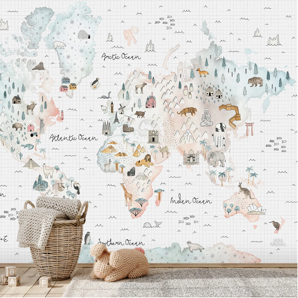 Soft World Map Little Animals and Famous Landmarks Removable Wallpaper 4 Soft World Map Little Animals and Famous Landmarks Removable Wallpaper