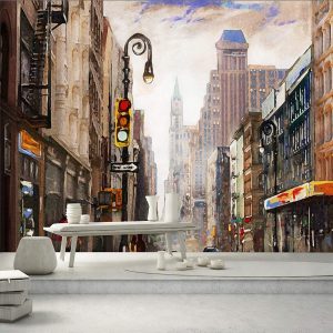 Street View of New York Oil Painting Style City Landscape Wallpaper