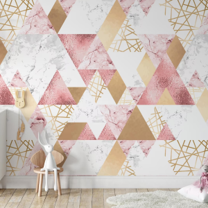 Gray and Pink Geometric Golden Lines Rose Triangles Marble Wallpaper