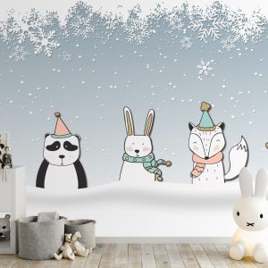 Cartoon Fox and Panda Snowflake Winter Animals Removable Wallpaper