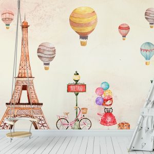 Eiffel Tower Little Hot Air Balloons Removable Wallpaper