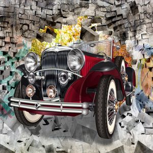 3D Vintage Classic Car Graffiti Brick Wallpaper
