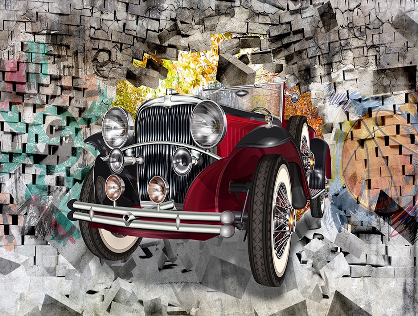 3D Vintage Classic Car Graffiti Brick Wallpaper 6 3D Vintage Classic Car Graffiti Brick Wallpaper