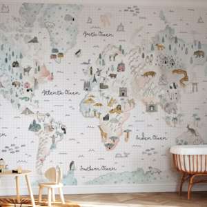Soft World Map Little Animals and Famous Landmarks Removable Wallpaper