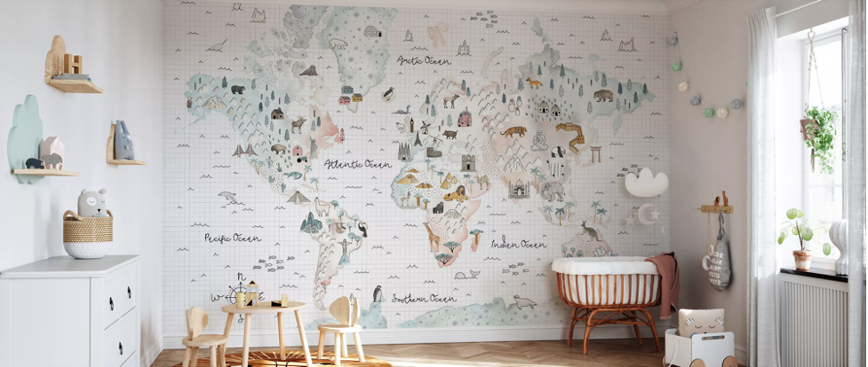 Soft World Map Little Animals and Famous Landmarks Removable Wallpaper 1 Soft World Map Little Animals and Famous Landmarks Removable Wallpaper