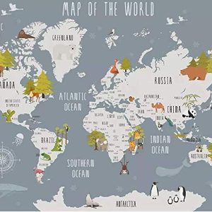World Map and Animal Kids Textile Wallpaper