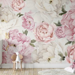 Floral Modern Pink and White Peony Flowers Peonies Removable Wallpaper