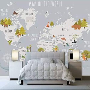 World Map and Animal Kids Textile Wallpaper