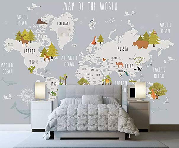 World Map and Animal Kids Textile Wallpaper 2 World Map and Animal Kids Textile Wallpaper