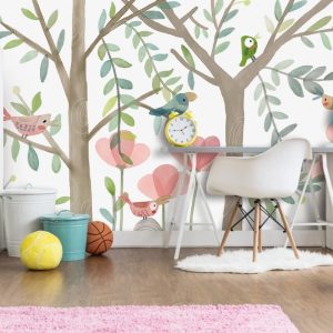 Watercolor Birds And Floral Trees Removable Wallpaper
