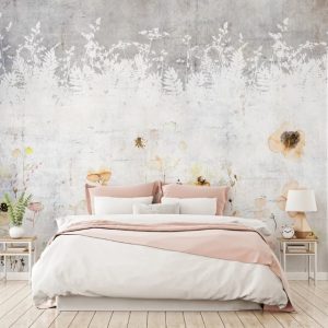 Concrete Background Leaves Yellow Flowers Blossom Removable Wallpaper