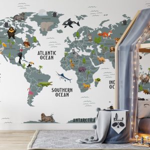 Kids World Map Wildlife Animals White Ocean Background Wallpaper