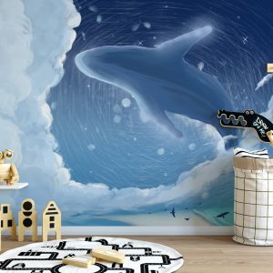 Blue Whale Cartoon Nightscape Removable Wallpaper