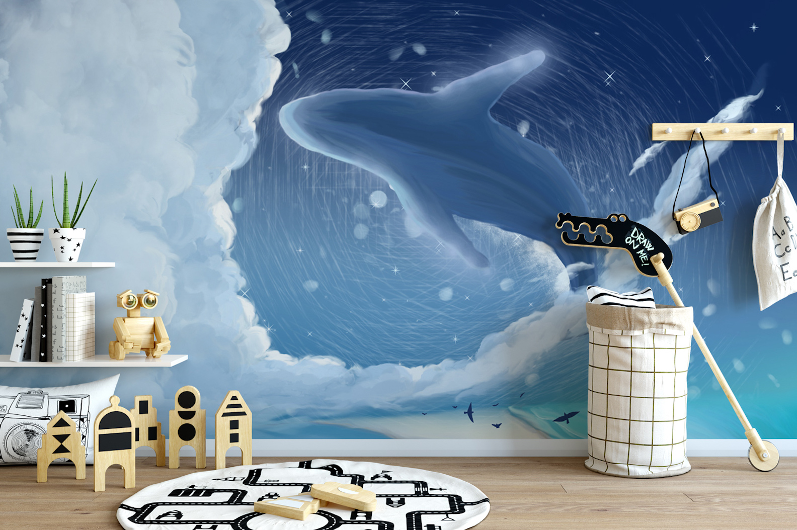 Blue Whale Cartoon Nightscape Removable Wallpaper 4 Blue Whale Cartoon Nightscape Removable Wallpaper