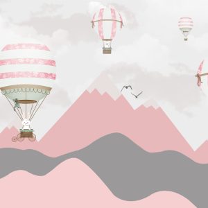 Hot Air Balloons Rabbit Dog Pink Gray Mountain Removable Wallpaper