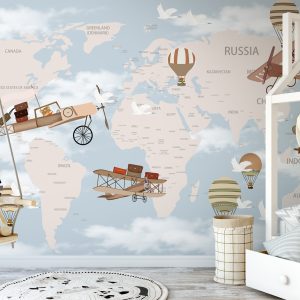 World Map Hot Air Balloons Flying White Birds and Cute Animals Wallpaper