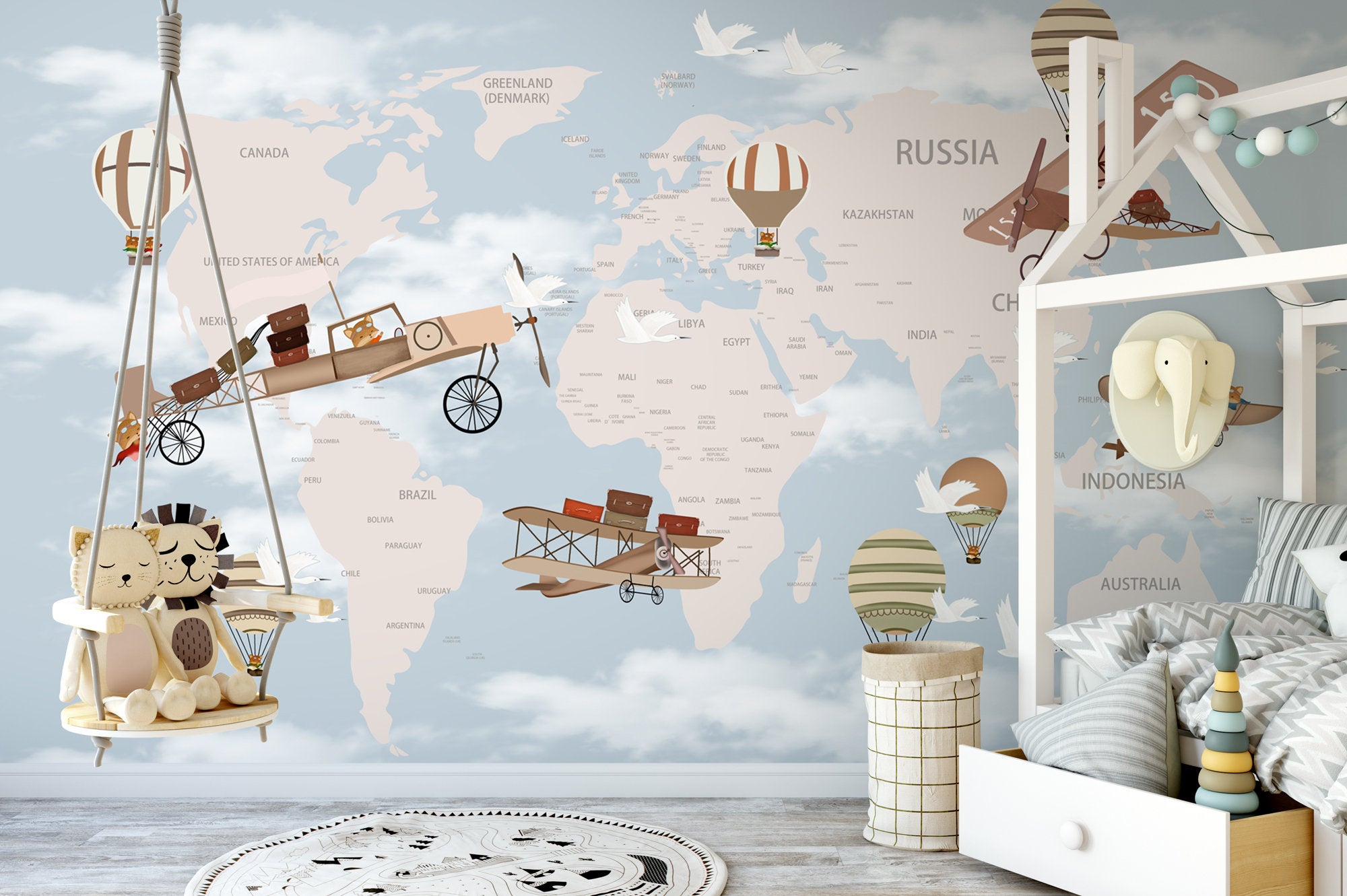 World Map Hot Air Balloons Flying White Birds and Cute Animals Wallpaper 2 World Map Hot Air Balloons Flying White Birds and Cute Animals Wallpaper