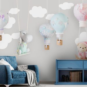Teddy Bear Child Map Hot Air Balloon Removable Wallpaper