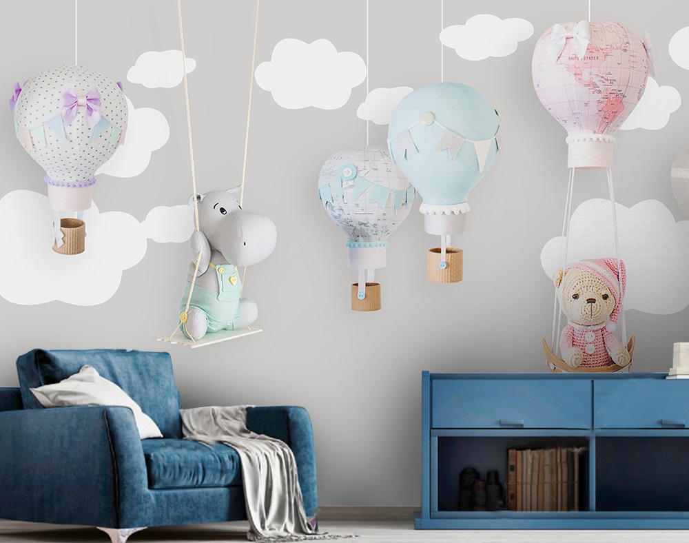 Teddy Bear Child Map Hot Air Balloon Removable Wallpaper 1 Teddy Bear Child Map Hot Air Balloon Removable Wallpaper
