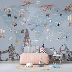 Architectural Structures Funny World Map Removable Wallpaper