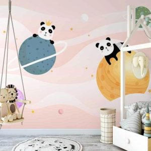 Planets and Pandas on the Pinkish Background Colorful Removable Wallpaper