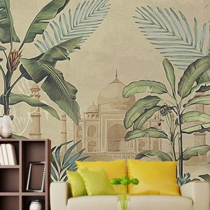 Taj Mahal Tropical Vintage Leaves Parrot Wallpaper