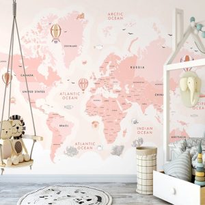 Pink World Map Background Animals Removable Wallpaper