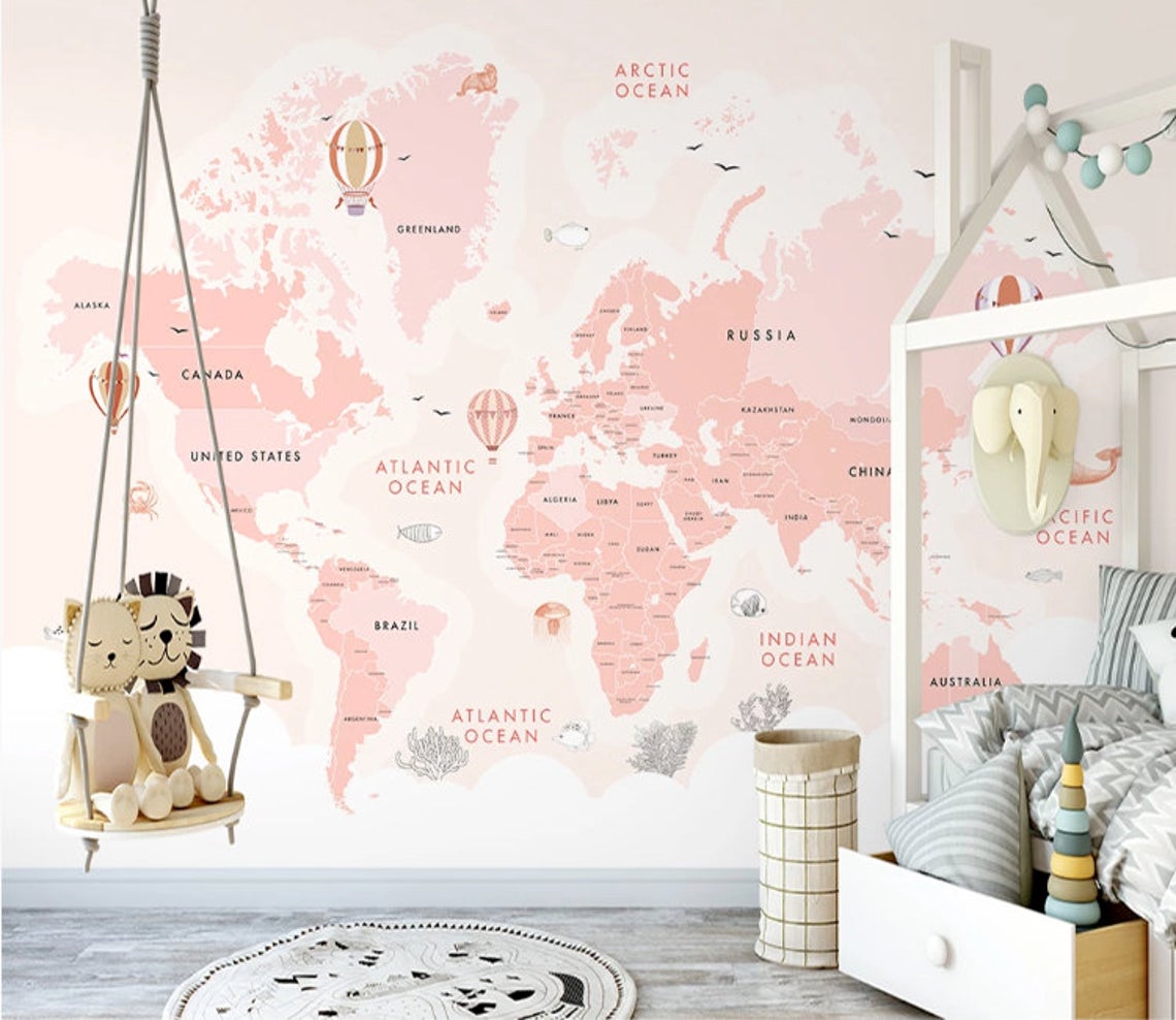 Pink World Map Background Animals Removable Wallpaper 3 Pink World Map Background Animals Removable Wallpaper