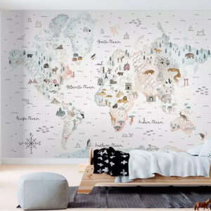 Soft World Map Little Animals and Famous Landmarks Removable Wallpaper