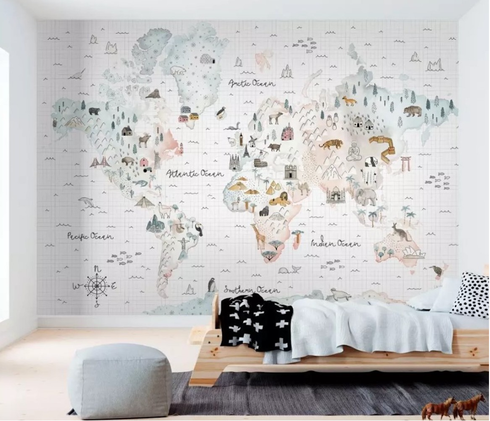 Soft World Map Little Animals and Famous Landmarks Removable Wallpaper 2 Soft World Map Little Animals and Famous Landmarks Removable Wallpaper