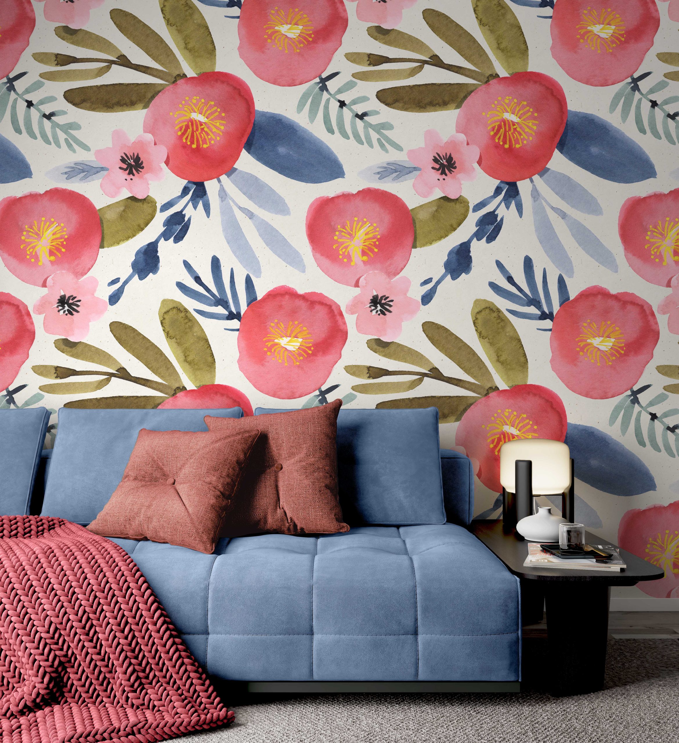 Watercolor Flowers Modern Design Removable Wallpaper 2 Watercolor Flowers Modern Design Removable Wallpaper