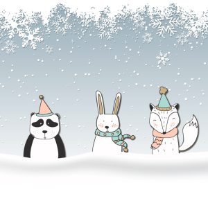 Cartoon Fox and Panda Snowflake Winter Animals Removable Wallpaper