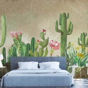 Pink Flowers Floral Background Green Desert Cactuses Plants Removable Wallpaper