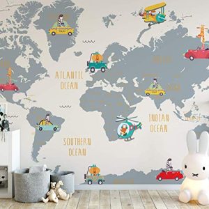 World Map and Cartoon Animals Textile Wall Paper