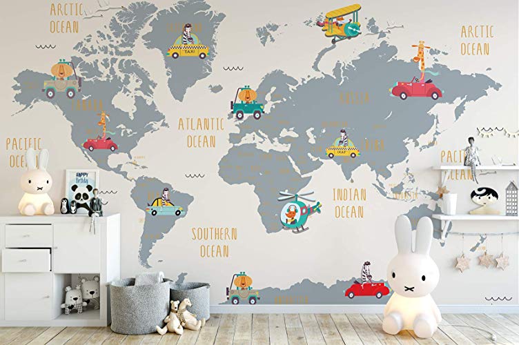 World Map and Cartoon Animals Textile Wall Paper 3 World Map and Cartoon Animals Textile Wall Paper