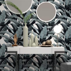Black and White Banana Palm Leaves Flowers Plants Removable Wallpaper