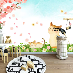 Cartoon Cat Cherry Blossom Kids Removable Wallpaper